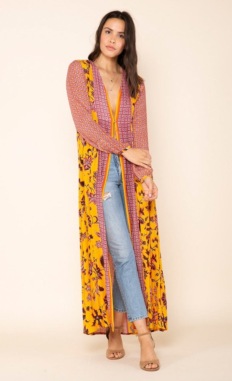 New RAGA Daze in the Sun Kimono $135 SMALL Mustard Bohemian Floral
